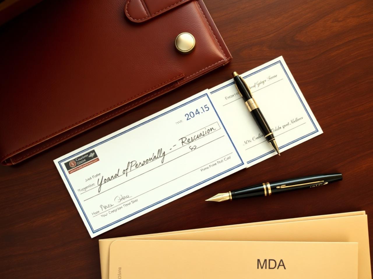 A signed personal check, a fountain pen, and an NDA folder on a walnut desk